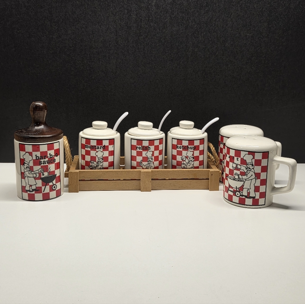 Vintage BBQ Salt & Pepper Shaker & Condiments Retro Red And White Checker Board.